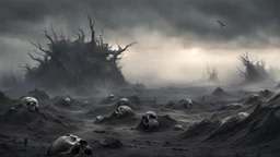 an apocalyptic nuklear landscape covered in dark gray dust. ancient battle field. broken dragon skulls everywhere. dead sun. dark grey fog. seen from the ground. fantasy, horror. no trees