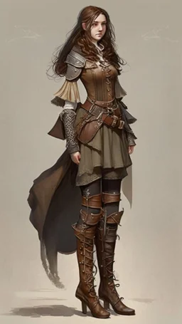 girl, brown hair, Her eyes are brown, she wears fantasy medieval clothes, she is slim, full body with boots side view