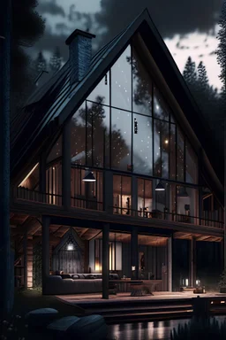 10k hyper realistic detailed luxury modern Cabin rustic design house with glass paneling and low hanging lights and pitched roof, living room, night