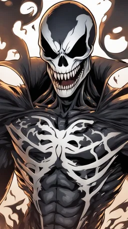 A close horror picture to Mix between Skeleton and venom symbiote and venom smile in solo leveling shadow art style