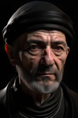 A man with normal eyes and normal ears and an artificial nose and a normal mouth and a Sibyl hand and a black Fez hat