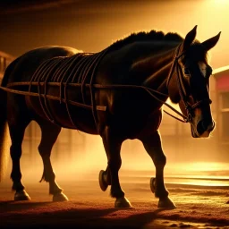 horse pulling wagon, motion blur, 8k, downlight, soft light, depth of field, photorealism, trending on art station, lotsa detail