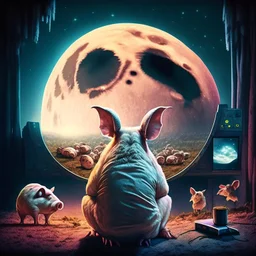 album cover realistic gamer pig watching movie about mushrooms cinema in the background huge moon huge rabbit