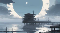 giant half transparent moon, glitchy, blurry, mechanical, sci-fi, maximum quality, centered on frame, far view, seaside, white sky with cumulonimbus, anime, makoto shinkai style, japanese pier, rusty, decrepit, foggy, black and white