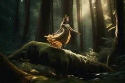 figure of a girl in the shape of a fairy, levitating on a trunk, in a very lush forest, cinematographic image