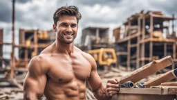 Hyper Realistic photographic-view of a Handsome-muscular-shirtless male construction worker with brown-hair-&-attractive-black-eyes giving-attractive-smile-&-posing at a construction-site with his tools at cloudy-day showing dramatic & cinematic ambiance