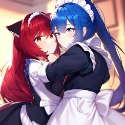 Clear Focus, High resolution, wearing a maid uniform, fluffy hair and a long ponytail, blue hair, cat ears, meowing, hugging another girl with red long fluffy hair also wearing a maid outfit, looking at you