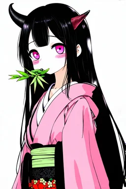 Cute Japanese girl, with pink eyes, a only horn on left side of head, dressed in her pink kimono and a black haori, black long hair with reddish tips, a piece of bamboo covering her mouth, drawing manga style, vibrant colors, in a manga book cover