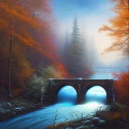 spray painted fantasy art, book illustration,the stairs of a bridge or dam in magical forest,autumn icy water, on the bridge,evening, hawk eye view