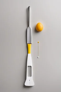 A creative collection of minimalist kitchen utensils with whimsical, impractical uses. There's a spatula shaped like a rocket ship, a rolling pin that transforms into a tiny car, a knife with a tiny sail, and an egg beater that turns into a helicopter. The utensils are designed with clean lines and simple shapes, adding a touch of humor to the otherwise functional kitchen setting.