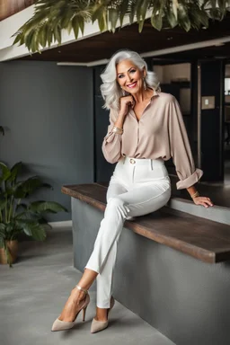 full body of very beautiful lady wearing pants and bluse ,white gray hair ,standing idle happy pose in studio pretty makeup