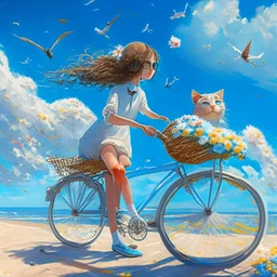 A girl is riding a bicycle on the beach. His cat is sitting in the front basket of the bicycle. Spring flowers can be seen everywhere. Beautiful blue sky with white clouds - kites in the sky. sense of peace. digital art, 8k, full details