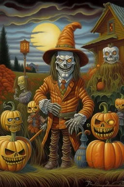 Lowbrow Surrealism Halloween Scarecrow with ghosts by Todd Schorr