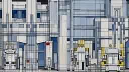 A gray robot factory painted by Piet Mondrian