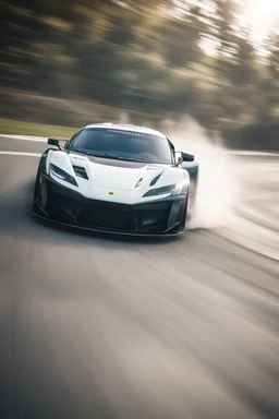 Facing front Sports car drifting around a corner, motion blur, narrow depth of field, lens flare, dynamic angle, asphalt spray, high octane energy