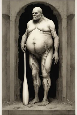 The full body of a fat man holding a bat , all in white color, decayed and rotting with grotesque proportions and imagery. surreal horror, biomechanical design, by hr giger and beksinski