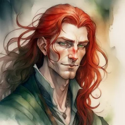 dnd, fantasy, watercolour, large strokes, stylistic, portrait, illustration, dull colours, male, face, narrow long face, weathered face, green eyes, determined, smiling, red hair, very long hair streaming down the shoulders, radiating light, five o'clock shadow, elegant