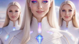 cosmic woman ,beautiful ufos rainbow, admiral from the future, galactic confédération, fine whole face, crystalline skin, expressive purple eyes,rainbow, smiling lips, very nice smile, costume pleiadian, Beautiful tall woman pleiadian Galactic commander, ship, perfect datailed golden galactic suit, high rank, long blond hair, hand whit five perfect detailed finger, amazing big puple eyes, mouth, high définition lips, cosmic happiness, bright colors