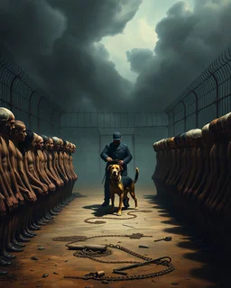Bosch painting style, nightmare , prisoners lined up in circle , one after another , in the middle a guard with a dog , great quality picture with cinematic scenes , heavy clouds in the background