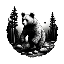Sticker design on white background, Teddybear walking in a forest, in Gustave Dorè art style, side light, high details, photorealistic, monochrome, black and white