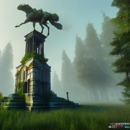 Monument, abandoned city centre, statue of human on top, look from distance, visible whole statue, overgrown, realistic, highly detailed