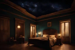 strange evening in vintage bedroom, deep dark colors, old wood floor, old antique bed, pale lights, sharp contours, old balkony, ceiling the galaxy with stars, nightly lights, etheral, mystic, stunning, cinematic