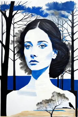 maria Lassing -Euan Uglow inspired, mixed media. painting acrylic, oil, black & white drawing simple landscape background, trees, mixed media, collage, 3/4 woman, bird nest hair, birds, crow, blue,