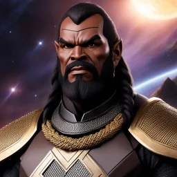 Generate an awe-inspiring image of the fearsome Worf Klingon warrior, with their imposing cranial ridges, intense gaze, and intricate braided hairstyle, ready to conquer the galaxy with his bat'leth.