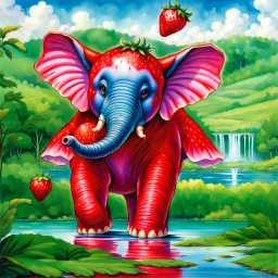 fantasy 90's tcg art of red strawberry elephant