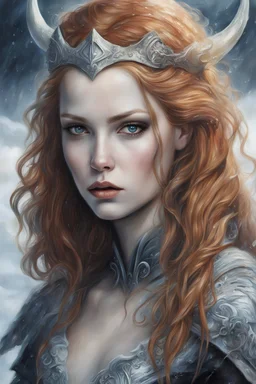 Vampire, eye candy Alexandra "Sasha" Aleksejevna Luss oil paiting style Artgerm Tim Burton, subject is a beautiful long ginger hair female in a Viking style women on ice in a snowy sea Hans Ruedi Giger style