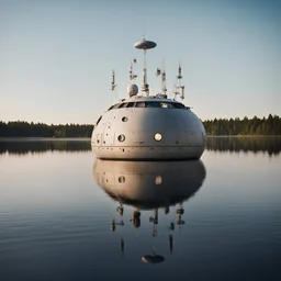 one large detailed NATO space craft , hatches and antennas , portholes , on a wide lake on a summers evening, Sweden , luminescent ,35 mm focal length