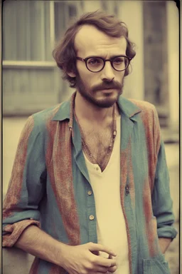 bohemian young ugly, strange not pretty man with Parisian bohemian look and glasses of colours and poor and short short short and poor hair on the head with receding hairline. Farsightedness glasses with big eyes. Shirt beard in the head. Vintage look and feel like photo style-of the 70s