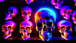 hundreds of non-anatomically correct, dark comic art, graphic novel,human skulls stacked into a wall unusual neon lighting, high velocity, 64k, dystopian, vray,