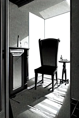 chair in the middle of an empty room, grayscale