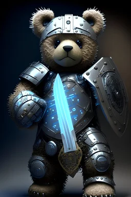 cybernetic teddy bear, warmade, shield and sword, show tech parts