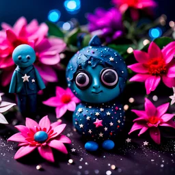 Fake people made of modeling clay, naïve, stars and planets, flowers, naïve, Tim Burton, sparkles, Harry Potter, bokeh