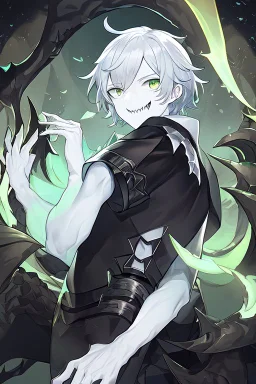 plauge doctor in balck leather clothes with silver hair, pale skin and bright green eyes smiling with sharp teeth, nice young face, male