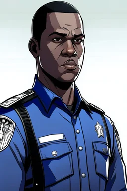 Draw me a black-skinned, young GTA character who is policeman officer. He should have a GTA mark, he should be tall,