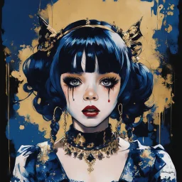 Poster in two gradually, a one side malevolent goth vampire girl face and other side the Singer Melanie Martinez face, painting by Yoji Shinkawa, darkblue and gold tones,