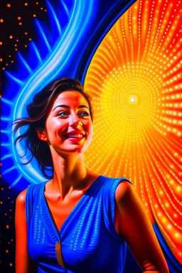 awake inside a dream game show, woman smiling online in the style of a master italian painter, spray paint, photo realism, trending on art station, 8k, depth of field, down light, light rays, volumetric, reflective spiral staircase, blue, yellow, golden brown and orange