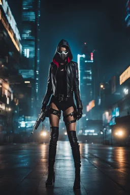 Full body,Half-cyborg demon female cyberpunk assassin wearing a metal mask, black jacket,walk in night city background