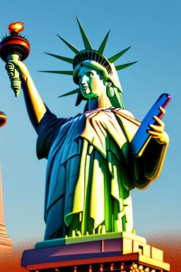 up-close digital image of the statue of liberty, covered in graffiti , holding a cellphone and taking a selfie while smiling,a Louis Vuitton bag over shoulder, standing alone In a deserted desert