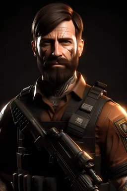 portrait a brown haired trooper cop with brown eyes and tanned body with a trooper outfit on and the front part of his hair sticking up with two black stripes on his face with black gloves and his sleeves up with a vest that has trooper on it with tattoos on his arms and a gun in his hand with a beard and beautiful eyes and face and muscular