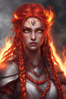 Female. Is a Druid and a paladin Hair is long and bright red. It has some braids and looks like it is on fire. Eyes are noticeably red color, fire reflects. Makes fire with hands. Has a big scar over whole face