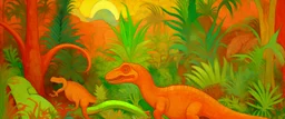 A salmon orange colored wild jungle with dinosaurs painted by Vincent van Gogh