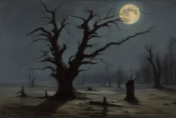 dry trees, night, moon, dark gothic horror movies influence, disturbing, bernard van beek and alfred munnings impressionism paintings