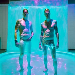 Nickolas MulLen and his boyfriend are standing above thier pool showered spa heater while in tight loincloths and Nickolas is flexing there muscles while illuminated by the ambient teal glowing on the glowing marbled floor made of long flat marble slabs, the ground next to the clinical yard is in thGenerate different sequences (e.g., a human dude to feral stallion punk shirtlesss nakeddd make to horse transmogrification sequences and alpha male to steed physical alteration sequence) William