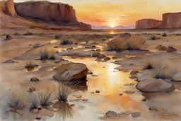 Amazing sunset, rocky arid land, puddle, rocks, mountains, cliffs, sci-fi, weeds, fantasy, john singer sargent watercolor paintings