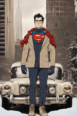 a Clark kent Superman winter fashion runway with modern clothes by Superman style clothes, embroidery elegant fashion beige tones