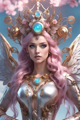 Facing front mechanical cyborg PhenQ straddle wings detailed, intricate, mechanical, gears cogs cables wires circuits, gold silver chrome coppersurreal, soft pink flowing hair,big eyes,full frame,full tiara,jewelry,filigree,luxurious pale blue outfit, from iridescent scales with decor,aesthetics of the female body, sophisticated,with floral elements,detailing,hd,delicate background, rainbow,magic,bohemian photo,shine, gloss,magical,beautiful, enchanting, colorful,bright studio lighting,iso